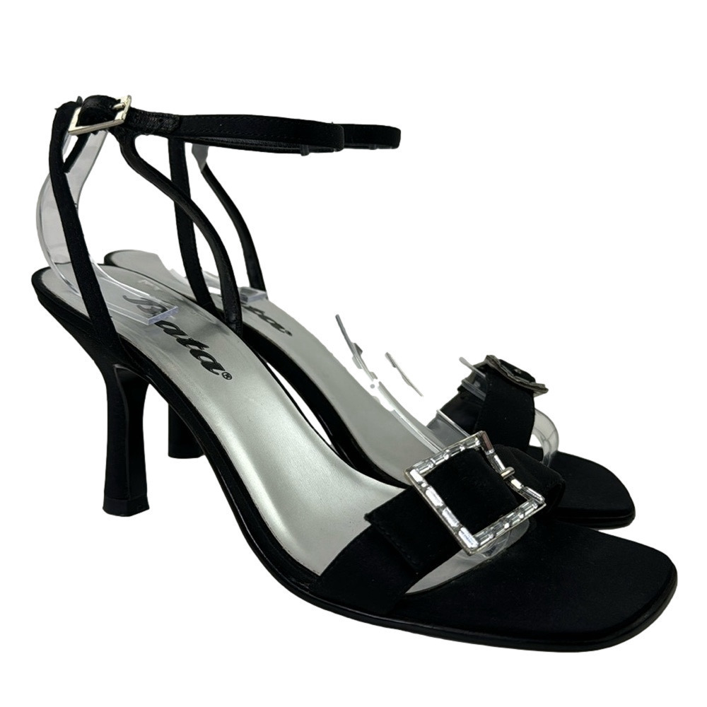 Vintage Bata Women's Black Satin Slingback Heel Shoes